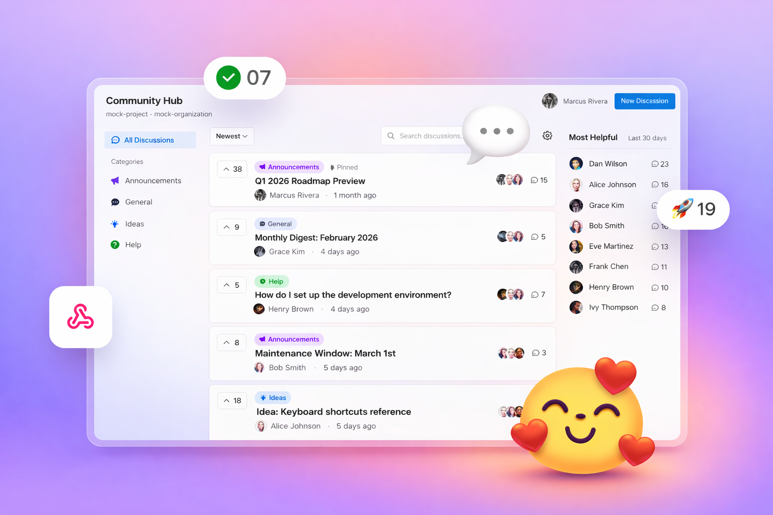 Community Hub - Discussion interface showing categorized threads with upvotes, labels, and pinned announcements